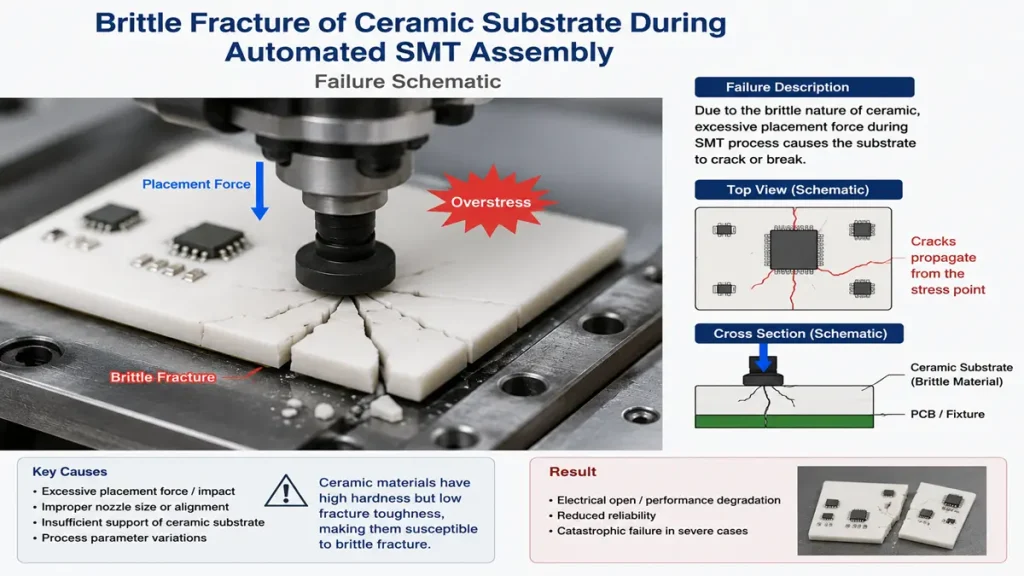 A technical failure schematic showing the brittle fracture of a ceramic substrate during automated SMT assembly under excessive placement force, featuring top view and cross-section crack propagation diagrams, low fracture toughness causes, and photos of cracked real ceramic boards.