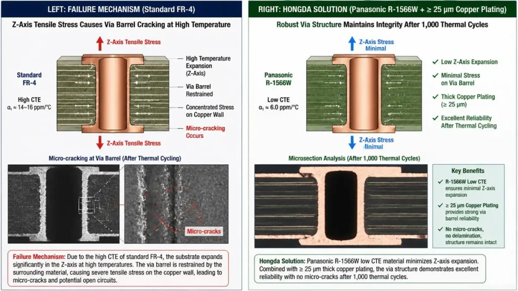 Comparison of via barrel cracking failure mechanism in standard FR-4 vs Hongda high reliability AI Camera PCB solution using Panasonic R-1566W after 1000 thermal cycles.