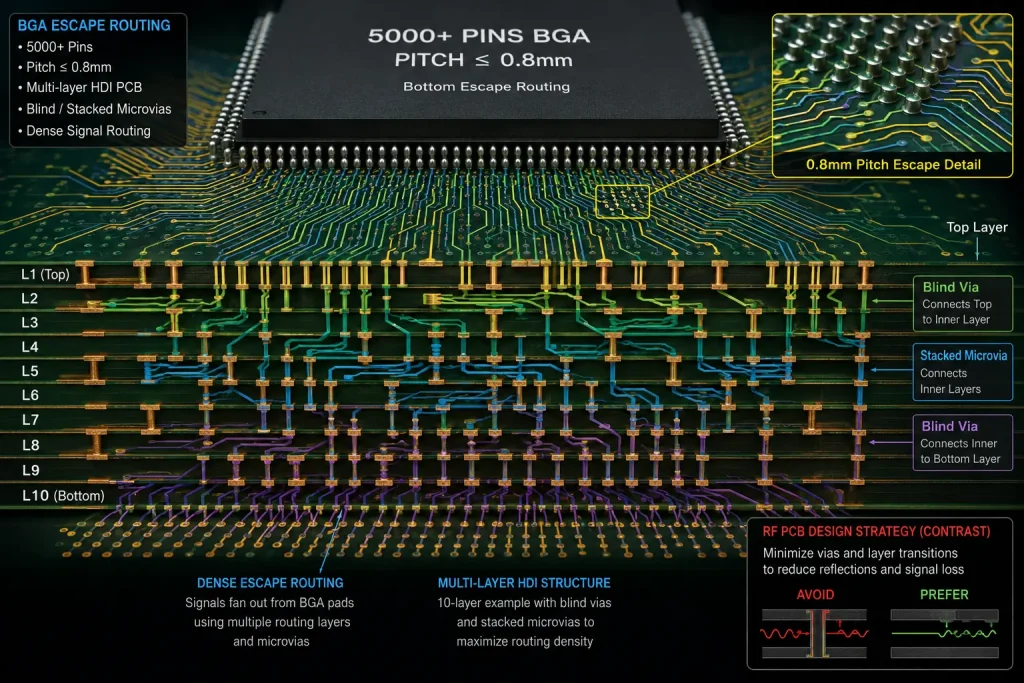 BGA escape routing diagram for multi-layer HDI AI PCBs contrasting with high-frequency RF PCB via-minimization design strategy by PCBKR.