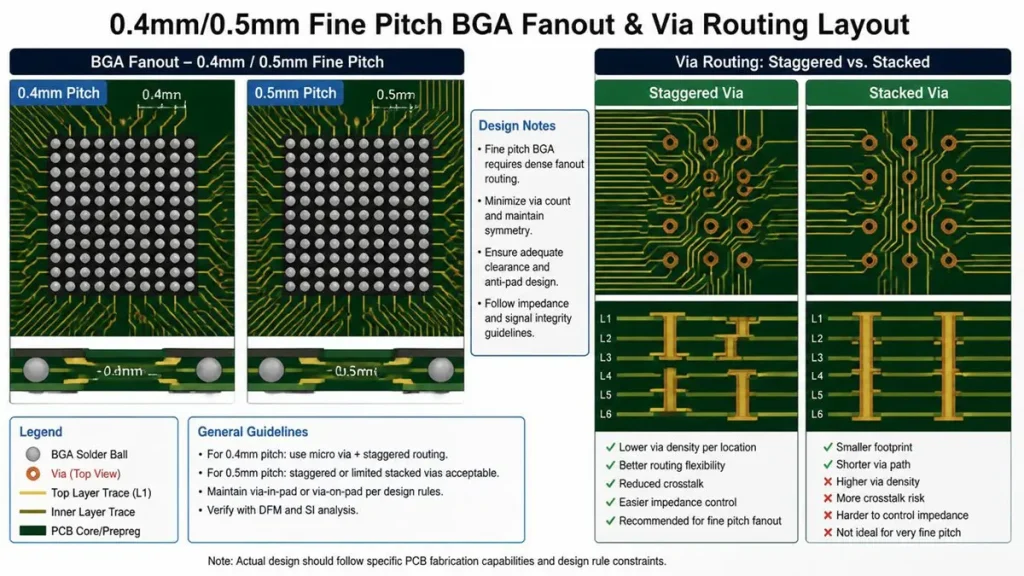 BGA fanout and via routing layout showing 0.4mm and 0.5mm fine pitch BGA escape strategies with staggered vs stacked microvias comparison.