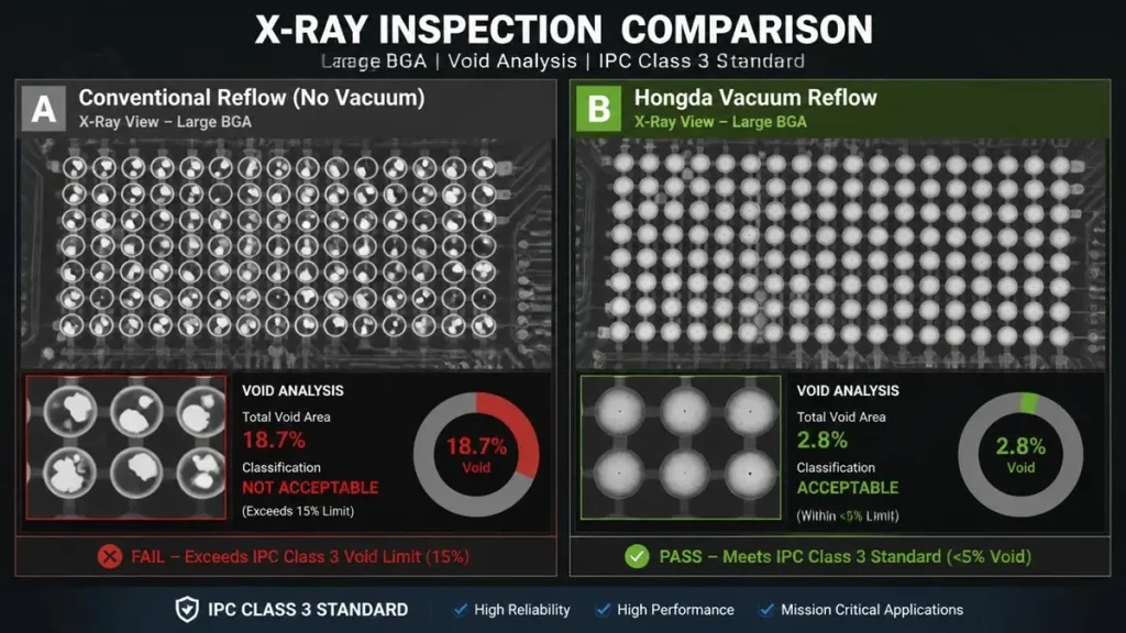 X-ray inspection comparison of conventional reflow and Shenzhen Hongda vacuum reflow for BGA solder joint voids compliance with IPC Class 3 standard