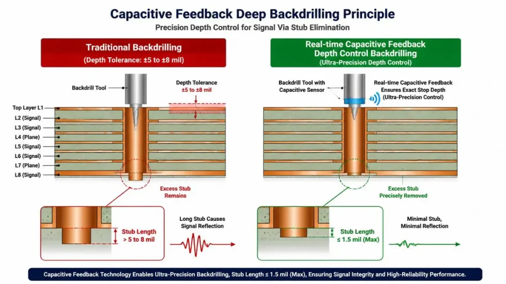 Technical diagram comparing traditional mechanical backdrilling to real-time capacitive feedback depth control, showcasing reduction of residual via stub length to under 1.5 mil to eliminate 56 GHz high-speed signal reflections on AI network PCBs.