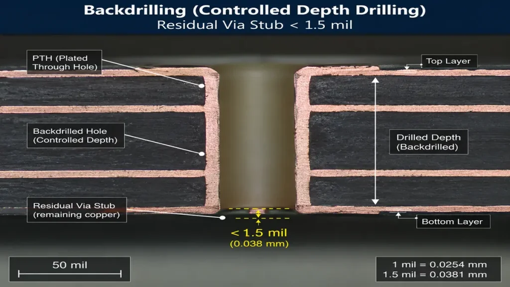 A high-resolution microscopic cross-section diagram of controlled depth backdrilling on a high-speed AI network PCB. The illustration demonstrates a residual via stub length under 1.5 mil (0.038 mm) to eliminate signal reflections and parasitic capacitance on 112G and 224G PAM4 transmission channels.