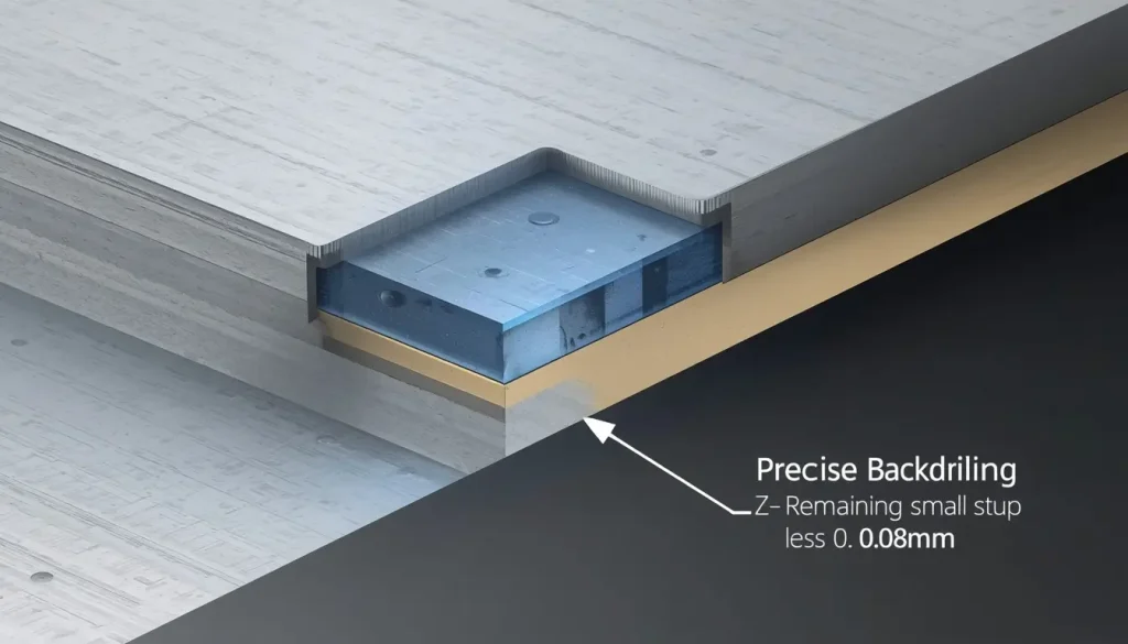 A highly detailed cross-section view of high-layer PCB backdrilling, with a technical diagram label showing precise backdrilling Z-axis remaining small stub less than 0.08mm by Shenzhen Hongda Circuit Technology.