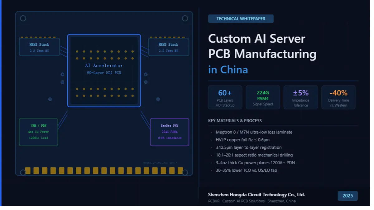 Technical whitepaper cover image titled "Custom AI Server PCB Manufacturing in China" by Shenzhen Hongda Circuit Technology Co., Ltd. (PCBKR). Features a blueprint diagram of a 60-layer HDI PCB with AI Accelerator, HBM3 stack, 4oz copper power VRM, and SerDes PHY on the left, and key performance metrics (60+ layers, 224G PAM4, +/-5% impedance tolerance, -40% lead time) on the right.
