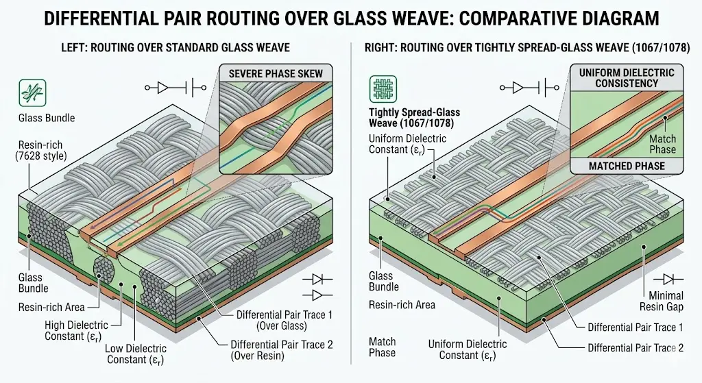 Differential pair routing over glass weave comparison showing standard fabric causing phase skew vs tightly spread-glass weave 1067 1078 with uniform dielectric constant for 224Gbps high-speed AI server PCB design