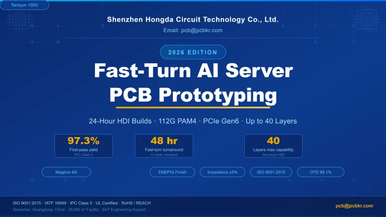 Banner for Shenzhen Hongda Circuit Technology's 2026 Edition of Fast-Turn AI Server PCB Prototyping. The graphic highlights key capabilities including 24-hour HDI builds, 112G PAM4, PCIe Gen6, up to 40 layers, a 97.3% first-pass yield for IPC Class 3, and material certifications for Megtron 6A and Tachyon 100G.