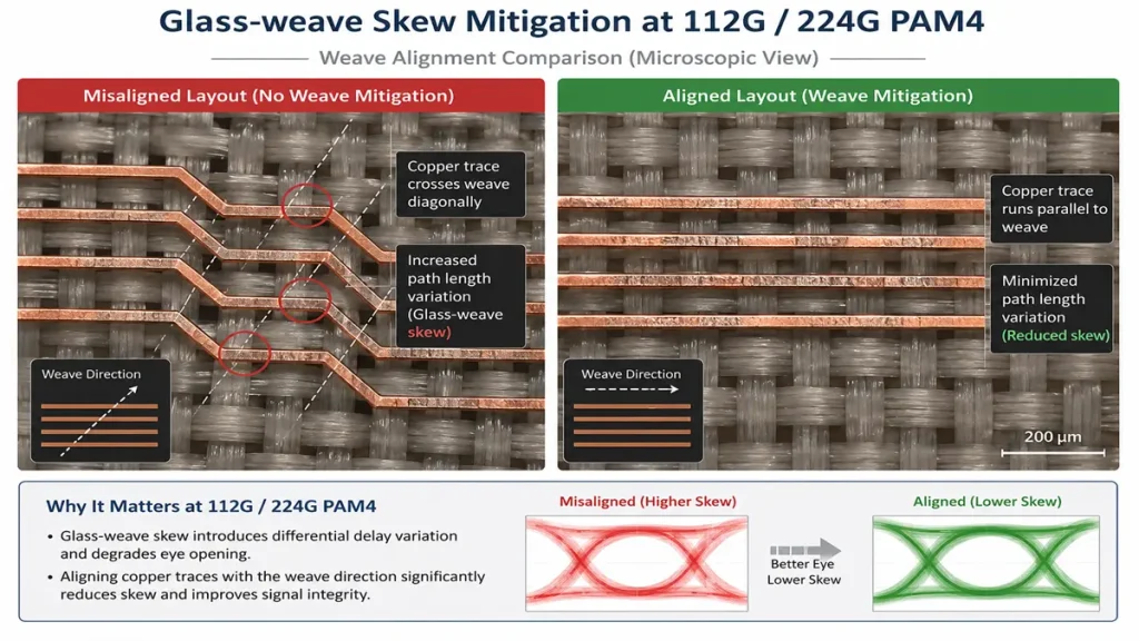 Microscopic view of glass-weave skew mitigation at 112G and 224G PAM4 routing speeds, showcasing signal eye diagram optimization in AI cluster PCB fabrication services by Shenzhen Hongda.