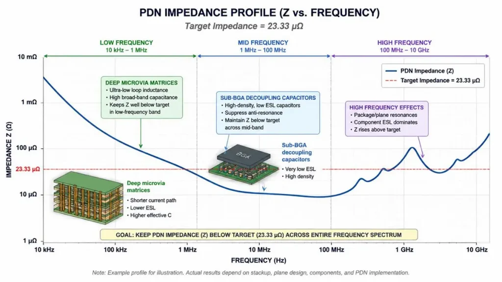 AI PCB PDN impedance profile curve vs frequency showing 23.33 micro-ohm target impedance with deep microvia matrices and sub-BGA decoupling capacitors for AI server motherboard design