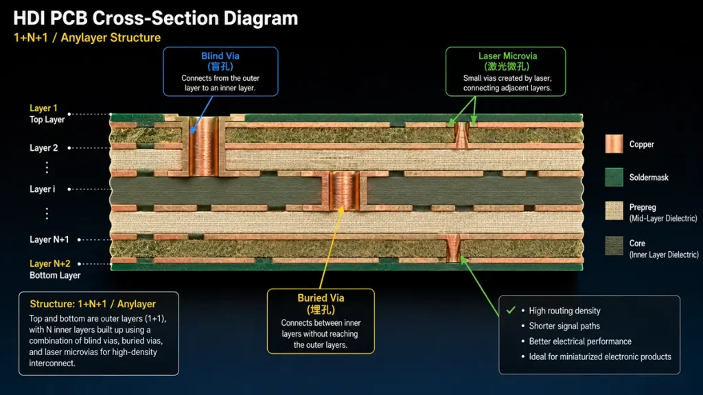 HDI PCB cross-section diagram showing 1+N+1 anylayer structure with laser microvias, blind vias, and buried vias for high-density industrial control boards.