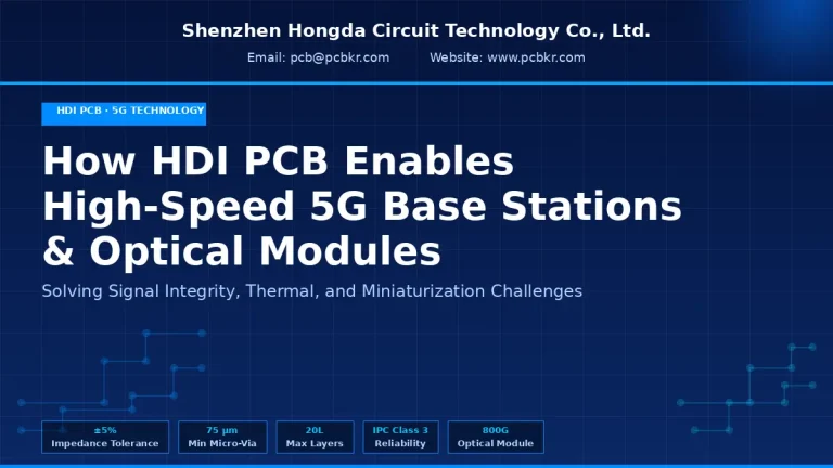 HDI PCB technical cover slide for high frequency telecommunication, 5G base station and 800G optical module circuit solution from Shenzhen Hongda Circuit
