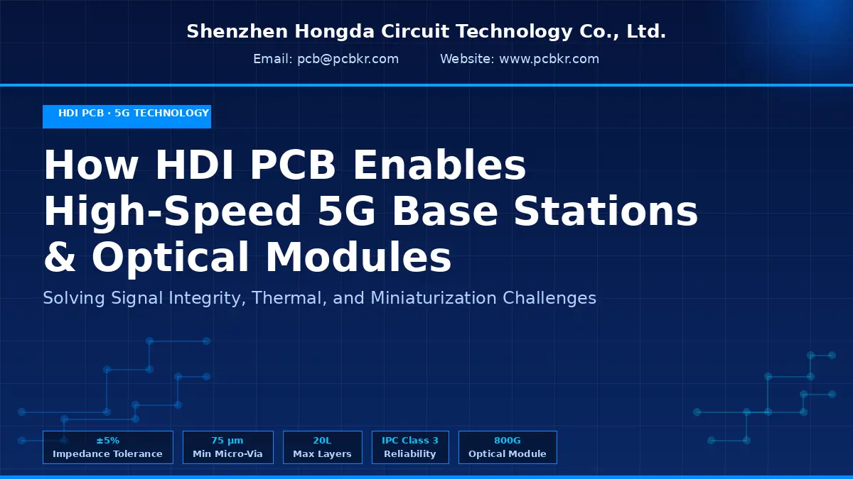 HDI PCB technical cover slide for high frequency telecommunication, 5G base station and 800G optical module circuit solution from Shenzhen Hongda Circuit