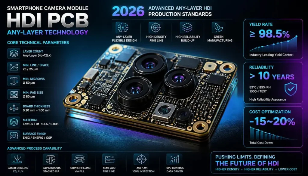 HDI PCB for Smartphones – 2026 advanced Any-Layer HDI production standards and core technical parameters for smartphone camera modules, featuring improved yield, long-term reliability and total cost optimization