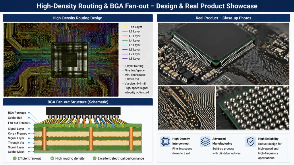 Technical showcase of high-density routing and BGA fan-out design alongside real product close-up photos for HDI AI server PCBs, highlighting 3 mil fine line spacing and high-density interconnect alignment.