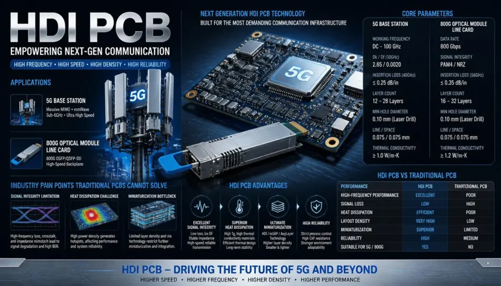 HDI PCB infographic for high frequency telecommunication, displays core parameters of 5G base station and 800G optical module, compares pain points between HDI PCB and traditional PCB