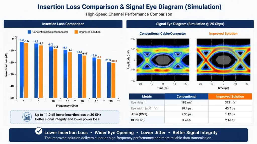 High-speed PCB channel simulation comparing insertion loss up to 30 GHz and signal eye diagrams at 25 Gbps between conventional materials and improved ultra-low loss solutions, showing wider eye opening and lower jitter.