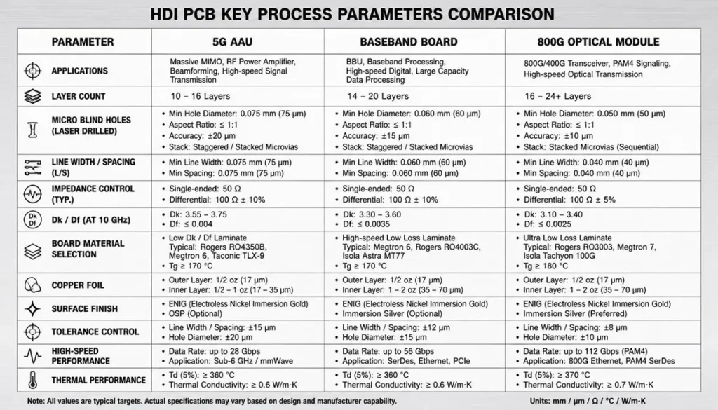 HDI PCB key process parameters comparison table for 5G AAU, baseband board and 800G optical module, including micro blind hole, line space, impedance and laminate selection specs