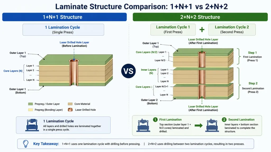 Laminate structure comparison between 1+N+1 and 2+N+2 HDI PCB designs