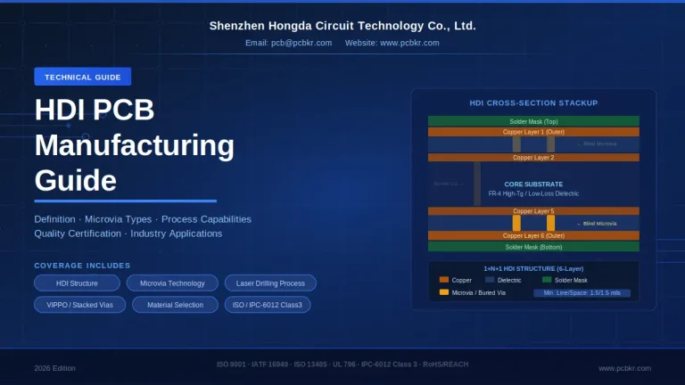 HDI PCB manufacturing guide cover image showing a 6-layer cross-section stackup diagram by Shenzhen Hongda Circuit Technology.