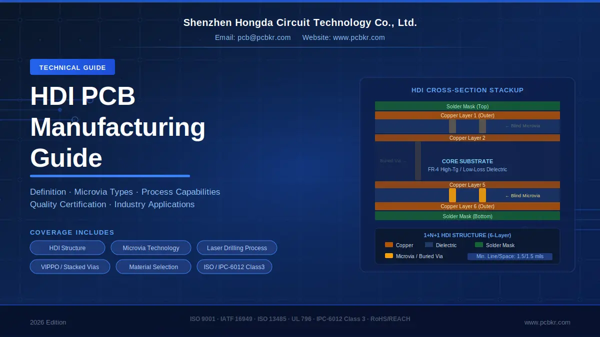 HDI PCB manufacturing guide cover image showing a 6-layer cross-section stackup diagram by Shenzhen Hongda Circuit Technology.