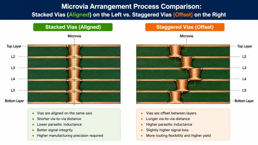 Microvia arrangement process comparison by Shenzhen Hongda Circuit Technology (PCBKR), showing axially aligned Stacked Vias with lower parasitic inductance on the left, versus offset Staggered Vias with higher routing flexibility on the right.