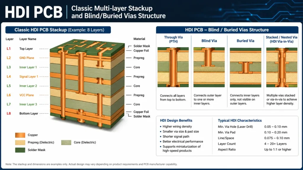 8-layer HDI PCB classic multilayer stackup and microvia structure guide by Shenzhen Hongda Circuit Technology (PCBKR), demonstrating laser drilled blind vias, buried vias, stacked vias, and traditional through-hole (PTH) configurations.