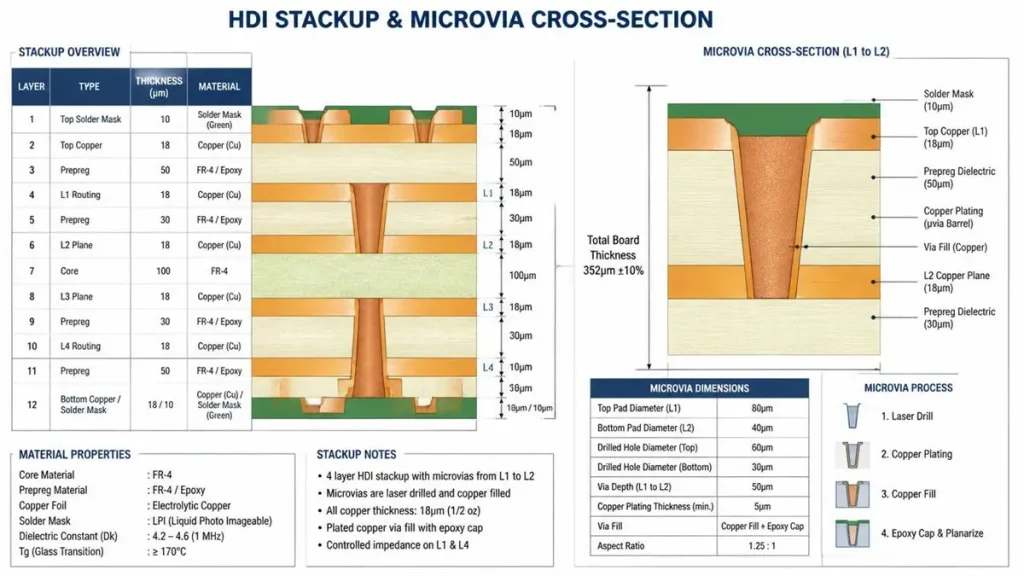 Detailed HDI PCB stackup overview and microvia cross-section diagram showing laser drill dimensions and copper fill process for volume manufacturing.