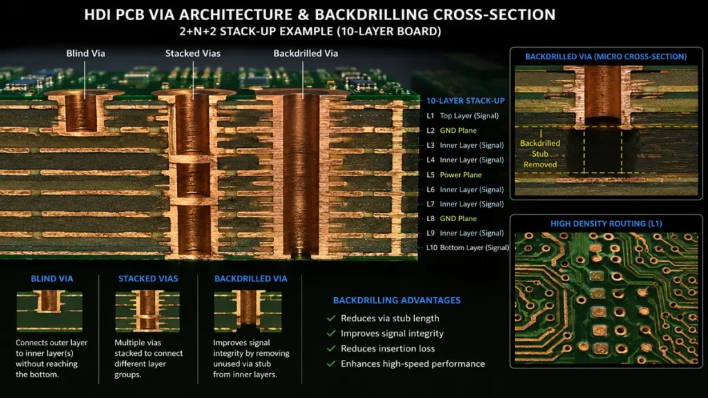 Cross-section diagram of HDI PCB via architecture including blind vias stacked vias and precision backdrilling for AI server substrates