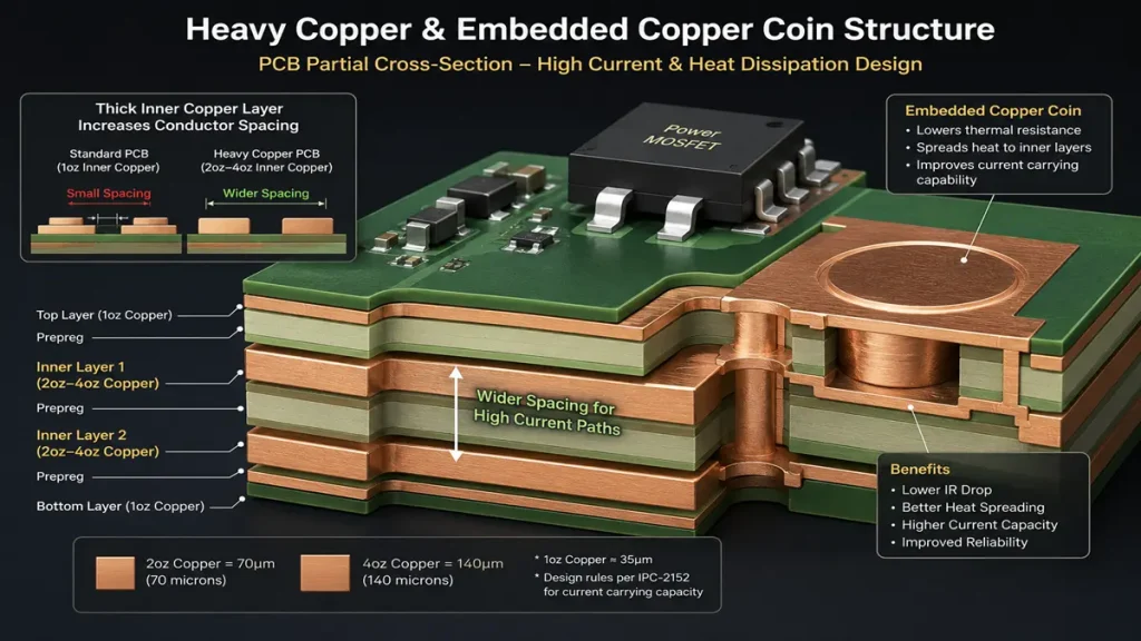 3D cross section of heavy copper pcb layers and embedded copper coin structure for high current and thermal dissipation in AI servers