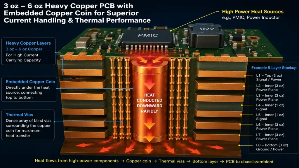 3D cross-section rendering of a heavy copper PCB with 3 oz to 6 oz layers and an embedded copper coin directly underneath a PMIC chip, showing a dense array of thermal vias conducting heat downward rapidly for high-power AI GPU power integrity and thermal management by PCBKR.