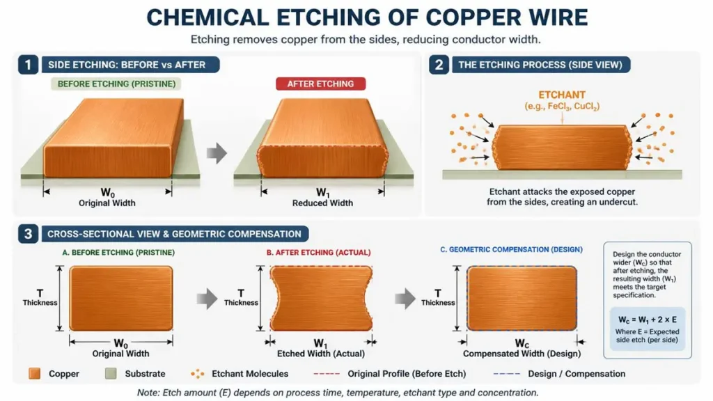 Technical 3D diagram explaining PCB chemical etching on copper wire. Section 1 shows pristine vs reduced width trace before and after etching. Section 2 illustrates etchant molecules attacking exposed copper sides causing an undercut. Section 3 details the cross-sectional view and geometric compensation design formula Wc = W1 + 2 x E to prevent trace width erosion.