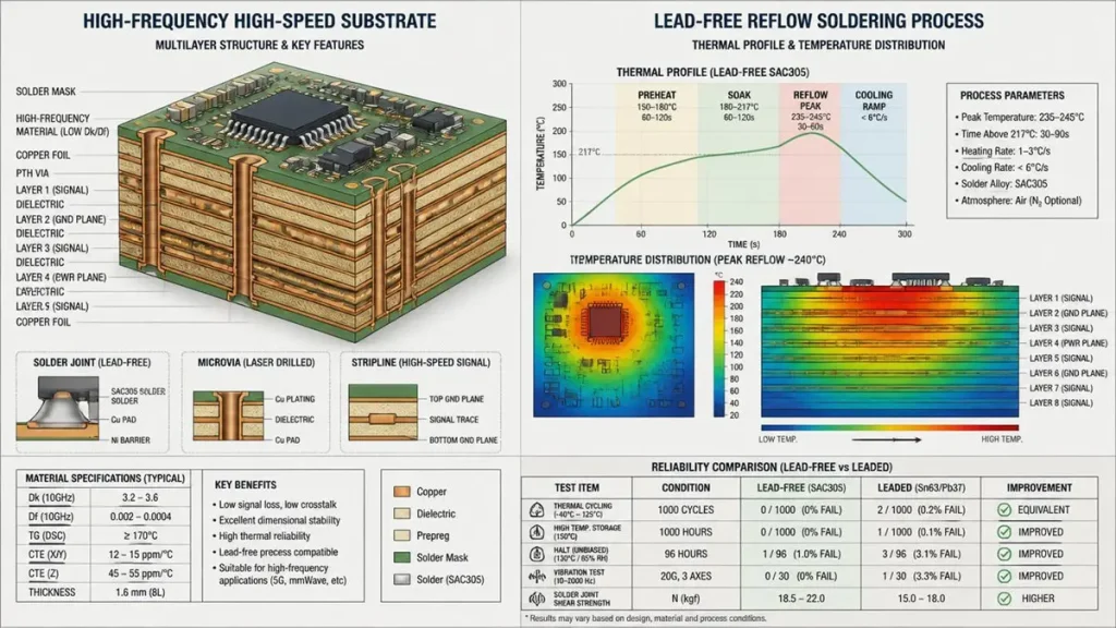 A comprehensive technical infographic illustrating a high-frequency high-speed PCB substrate under lead-free reflow soldering. The left side showcases a 3D cross-section stackup of an 8-layer high-speed board, along with detailed diagrams of a microvia and stripline, plus a material specification table listing low Dk/Df values, high glass transition temperature (
Tg≥170
∘
C
), and low CTE characteristics. The right side features a lead-free SAC305 reflow thermal profile curve, surface and cross-sectional thermal distribution heatmaps, and a reliability comparison table. This table benchmarks thermal cycling performance, high-temperature storage resistance, and solder joint shear strength for lead-free versus leaded soldering processes.