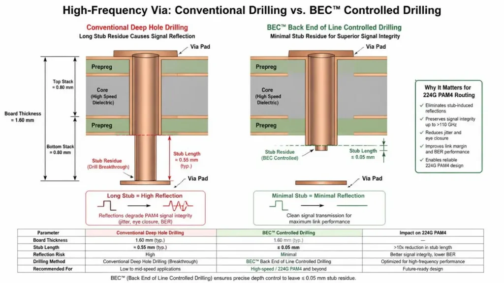 Comparison of conventional via drilling stub reflection and Shenzhen Hongda BEC controlled drilling for 224G PAM4 AI server routing