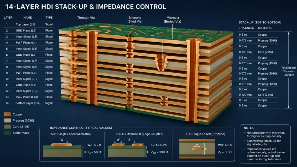 A detailed 3D cross-section diagram of a 14-layer HDI PCB stack-up, showing through vias, blind vias, and buried vias. The infographic includes stack-up material specifications (copper, prepreg 1080, core 2116), total board thickness of 1.60 mm, and typical impedance control models for 50 ohm single-ended microstrip, 100 ohm differential pair, and 50 ohm stripline.