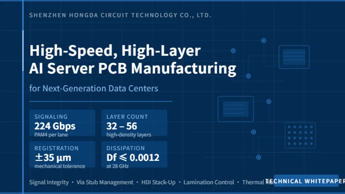 Technical whitepaper cover for high-speed, high-layer AI server PCB manufacturing by Shenzhen Hongda Circuit Technology, featuring tech specs of 224 Gbps signaling, 32-56 layer count, plus or minus 35 micrometers registration mechanical tolerance, and Df less than or equal to 0.0012 at 28 GHz.