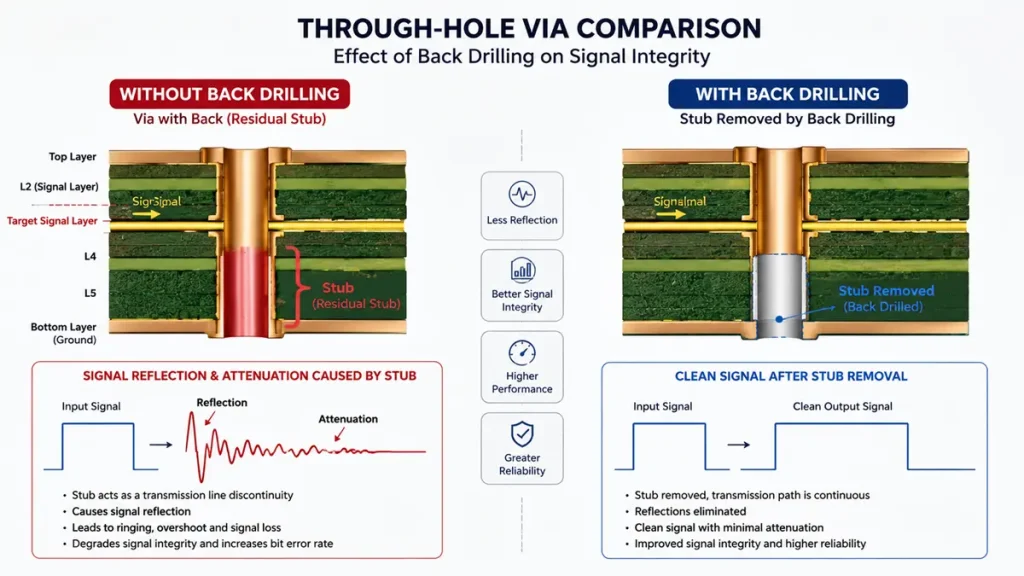 Comparative diagram of high speed PCB design guidelines illustrating a multi-layer via with and without back drilling, showing signal reflection caused by a residual stub versus a clean output signal.