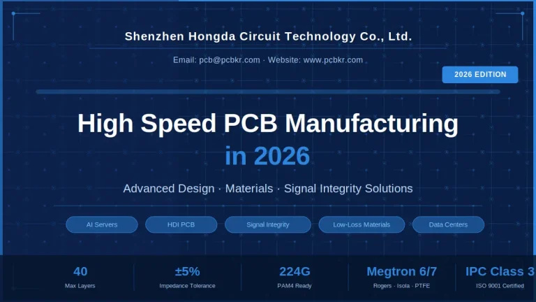 Shenzhen Hongda 2026 High Speed PCB Manufacturing guide cover featuring 40 layers, 224G PAM4, and Megtron 6/7 laminate technical specifications.
