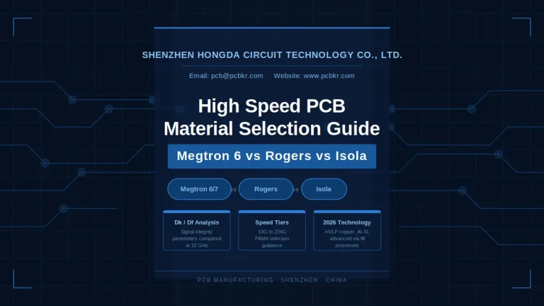 High speed PCB material selection guide comparing Megtron, Rogers, and Isola laminates by Shenzhen Hongda Circuit Technology.