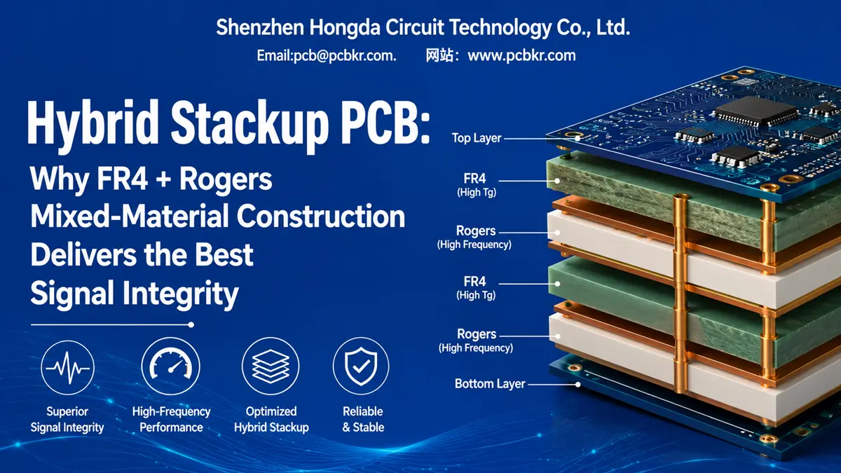 3D cross-section diagram of an advanced 16-layer hybrid stackup PCB showing the mixed-material construction of low-loss Rogers and high-Tg FR4 laminates by Shenzhen Hongda Circuit Technology Co., Ltd.