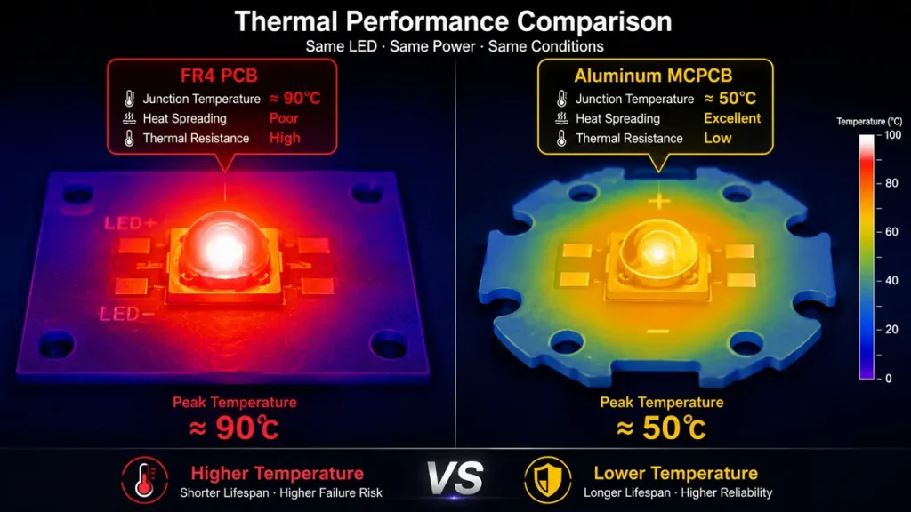 Infrared thermography simulation by Shenzhen Hongda Circuit Technology comparing LED junction temperatures on standard FR4 PCB versus Aluminum MCPCB.