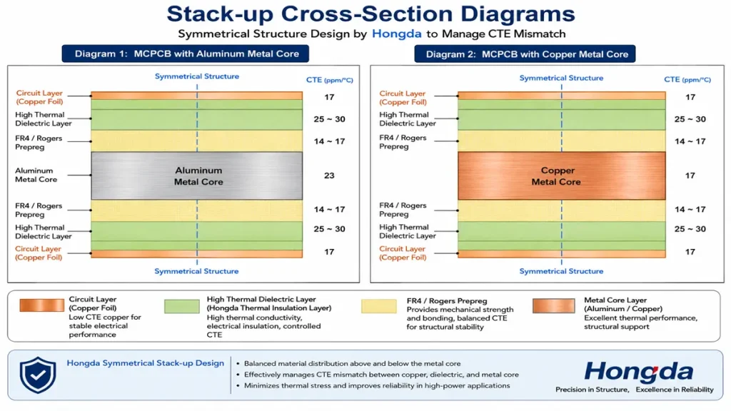 Symmetrical stack-up cross-section diagrams of multi-layer Metal Core PCBs with Aluminum and Copper cores by Hongda, showing CTE values per layer to manage thermal expansion mismatch.