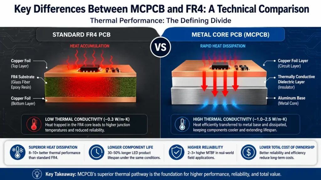Technical diagram by Shenzhen Hongda Circuit Technology comparing cross-section thermal dissipation structures of Standard FR4 PCB vs Metal Core PCB.