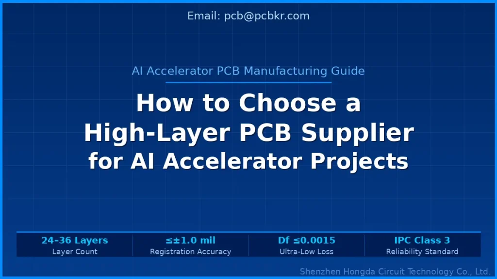 Manufacturing guide banner on how to choose a high-layer PCB supplier for AI accelerator projects, featuring 24-36 layer capability, IPC Class 3 standards, and ultra-low loss substrate specifications by Shenzhen Hongda Circuit Technology Co., Ltd.