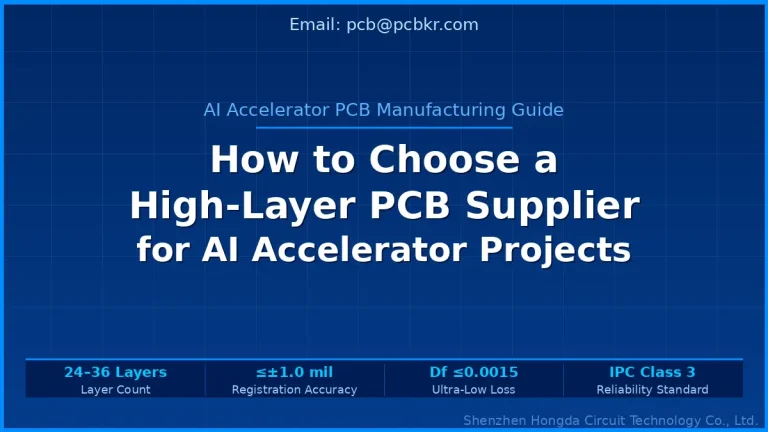 Manufacturing guide banner on how to choose a high-layer PCB supplier for AI accelerator projects, featuring 24-36 layer capability, IPC Class 3 standards, and ultra-low loss substrate specifications by Shenzhen Hongda Circuit Technology Co., Ltd.