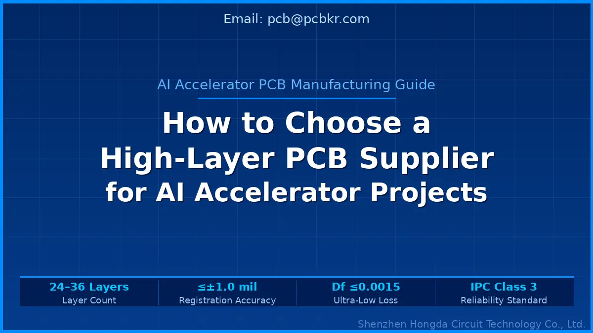 Manufacturing guide banner on how to choose a high-layer PCB supplier for AI accelerator projects, featuring 24-36 layer capability, IPC Class 3 standards, and ultra-low loss substrate specifications by Shenzhen Hongda Circuit Technology Co., Ltd.