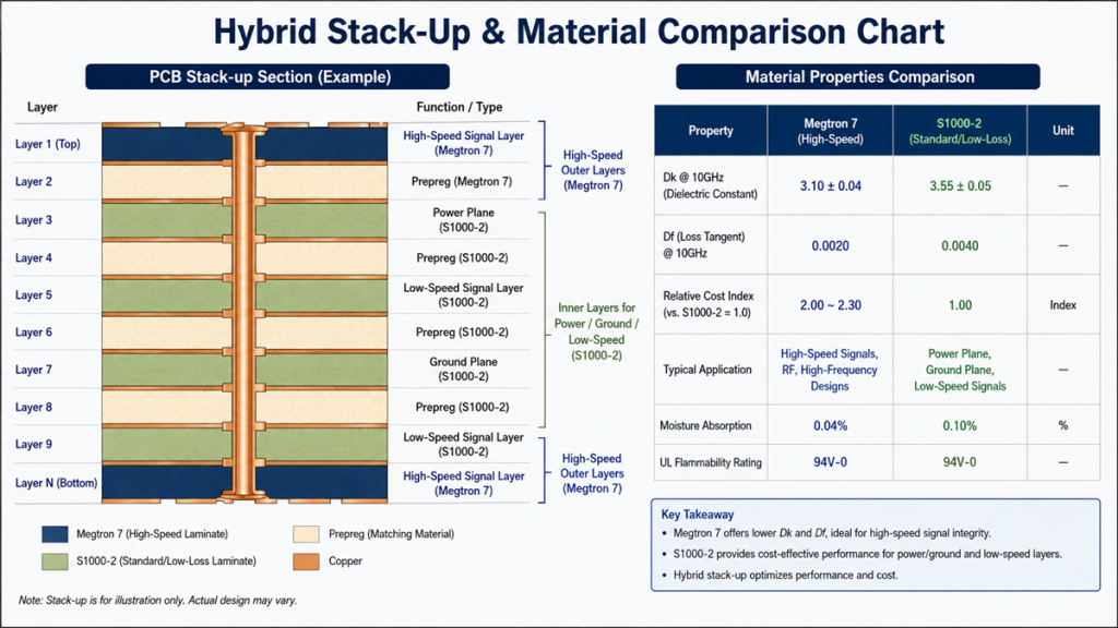 PCB hybrid stack-up diagram and material properties comparison chart by Hongda, showing Panasonic Megtron 7 on outer layers and Shengyi S1000-2 on inner layers with Dk and Df values.