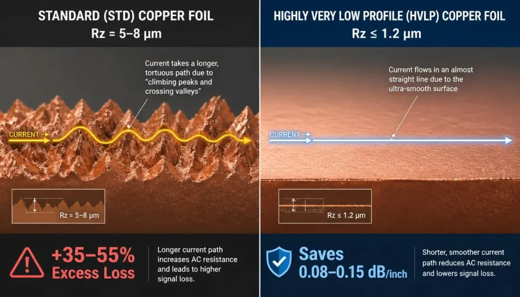 Technical diagram comparing the micro-surface roughness and current path of Standard STD copper foil (5-8 µm) showing a 35-55% excess loss versus Hyper Very Low Profile HVLP copper foil (≤1.2 µm) which saves 0.08-0.15 dB/inch insertion loss at 224G Nyquist frequency.