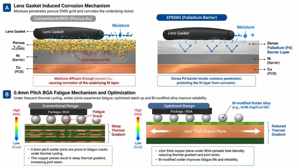Two-part technical diagram illustrating industrial camera PCB failure mechanisms: Layer A shows lens gasket moisture corroding conventional ENIG versus the protection of an EPENIG palladium barrier; Layer B shows 0.4mm pitch BGA thermal fatigue cracks mitigated by a 2oz thick copper plane and Bi-modified solder alloy.