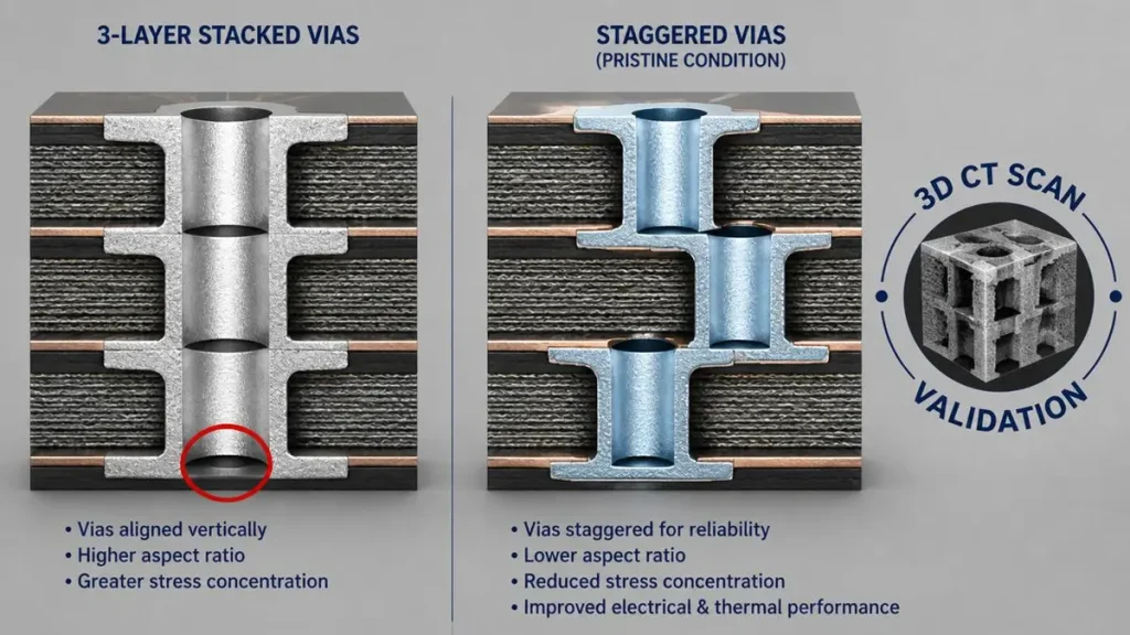 Technical comparison of 3-layer stacked microvias with a sub-surface void defect versus pristine staggered microvias validated by 3D CT scan for high-resolution industrial machine vision camera PCBs.
