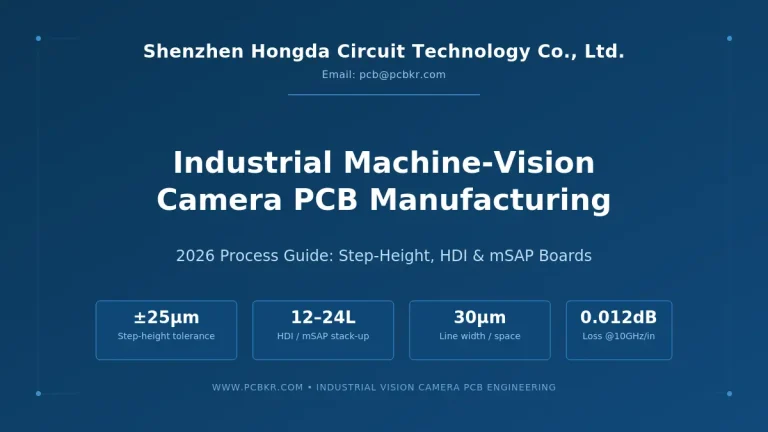 Industrial machine-vision camera PCB manufacturing guide by Shenzhen Hongda Circuit, featuring 12-24L HDI mSAP stack-up, ±25µm step-height tolerance, and 30µm line width specs.